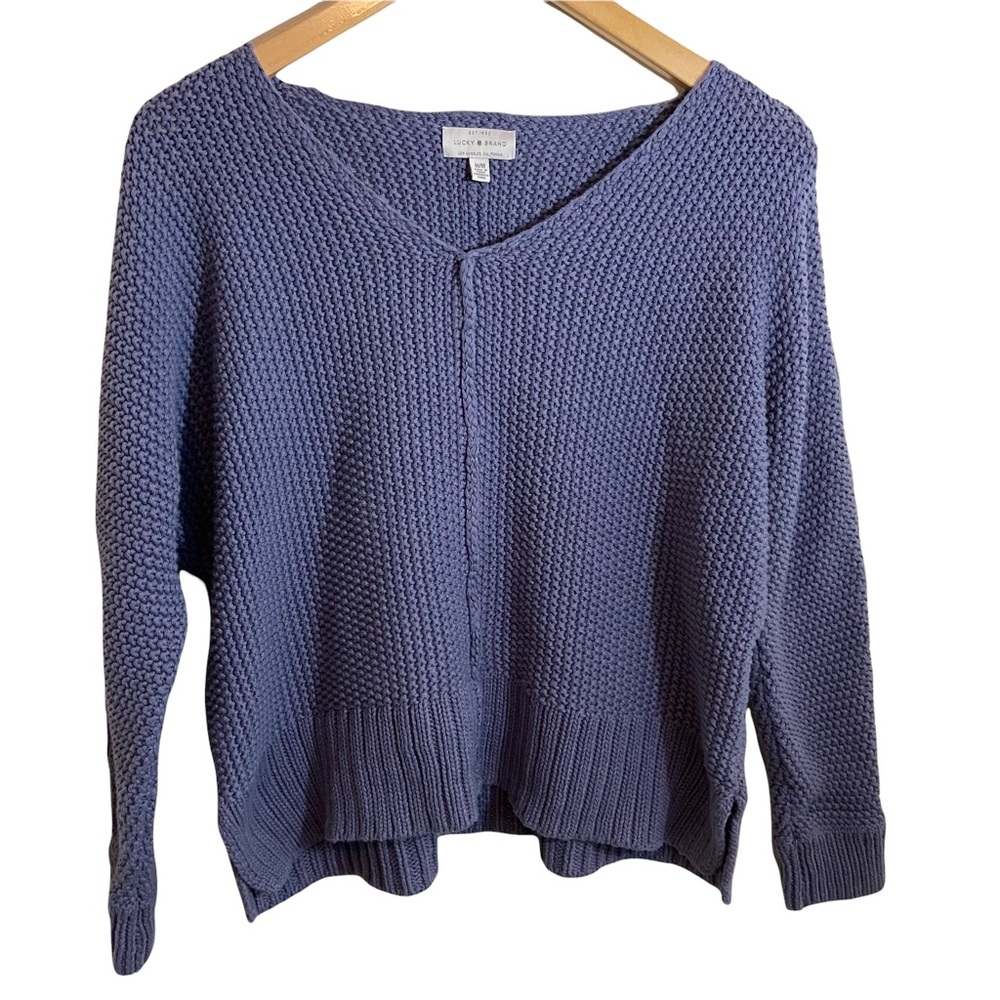 Lucky Brand Knit Sweater V-Neck Exposed Seam Oversized Sz M Blue